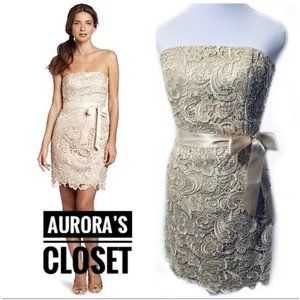 Adrianna Papell 8 Champagne Lace Sheath Dress Belt Strapless Jacquard